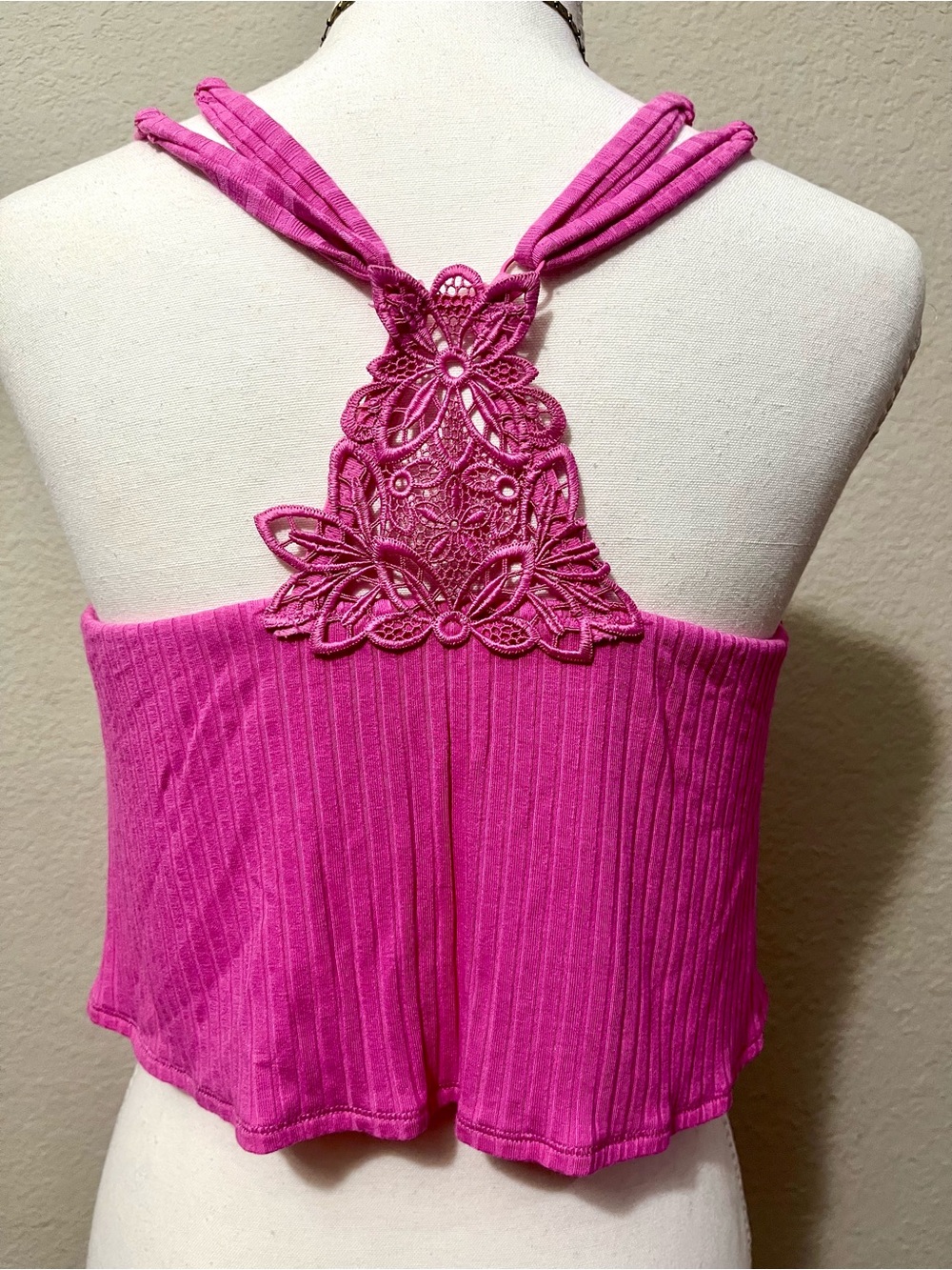 Aerie Pink Lace-Back Ribbed Cropped Tank Top